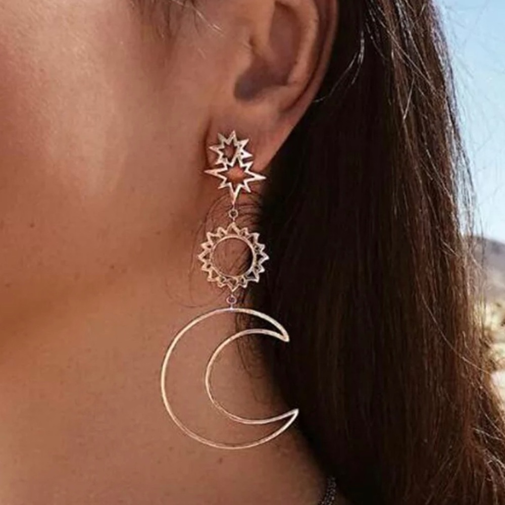 Bohemian style Gold tone moon and sun earrings NWT
